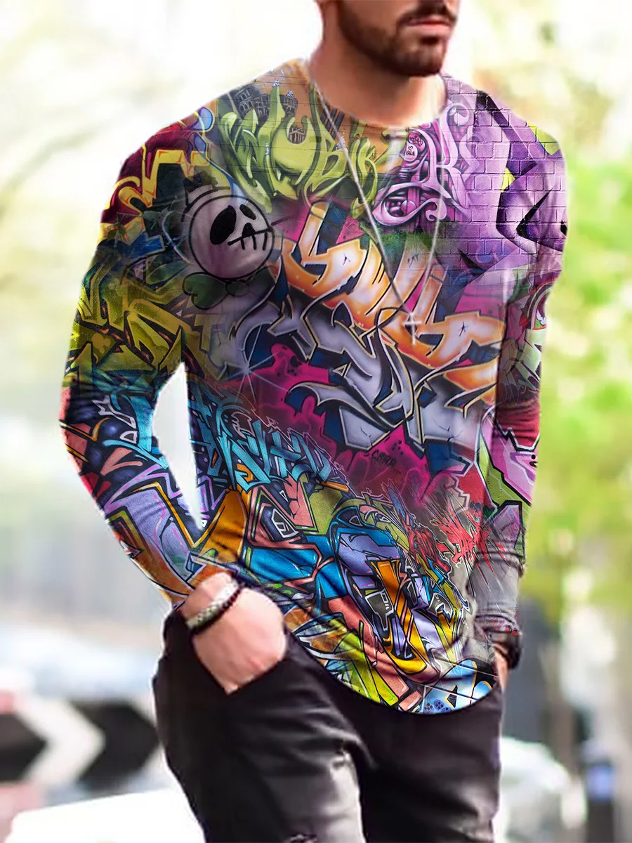

2024 Spring and Autumn European and American Men's Fashion and Leisure 3D Printed Long sleeved Street Shooting Trendy T-shirt