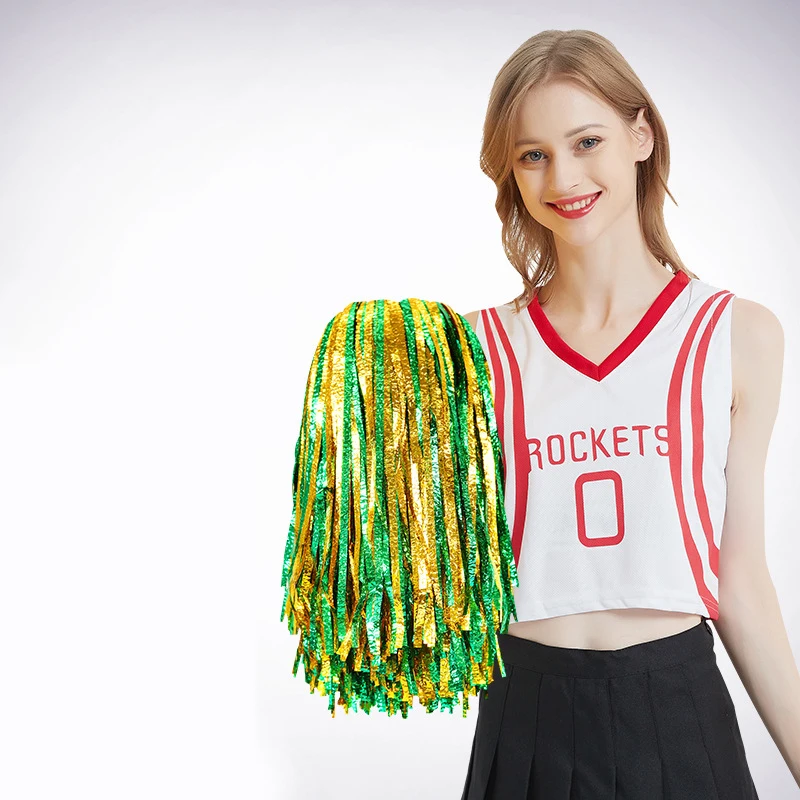 25g 50g 100g Plastic Handle Cheering Cheerleading Colorful Metallic Rainbow Pompoms Cheerleader Flower Foil Pom Poms