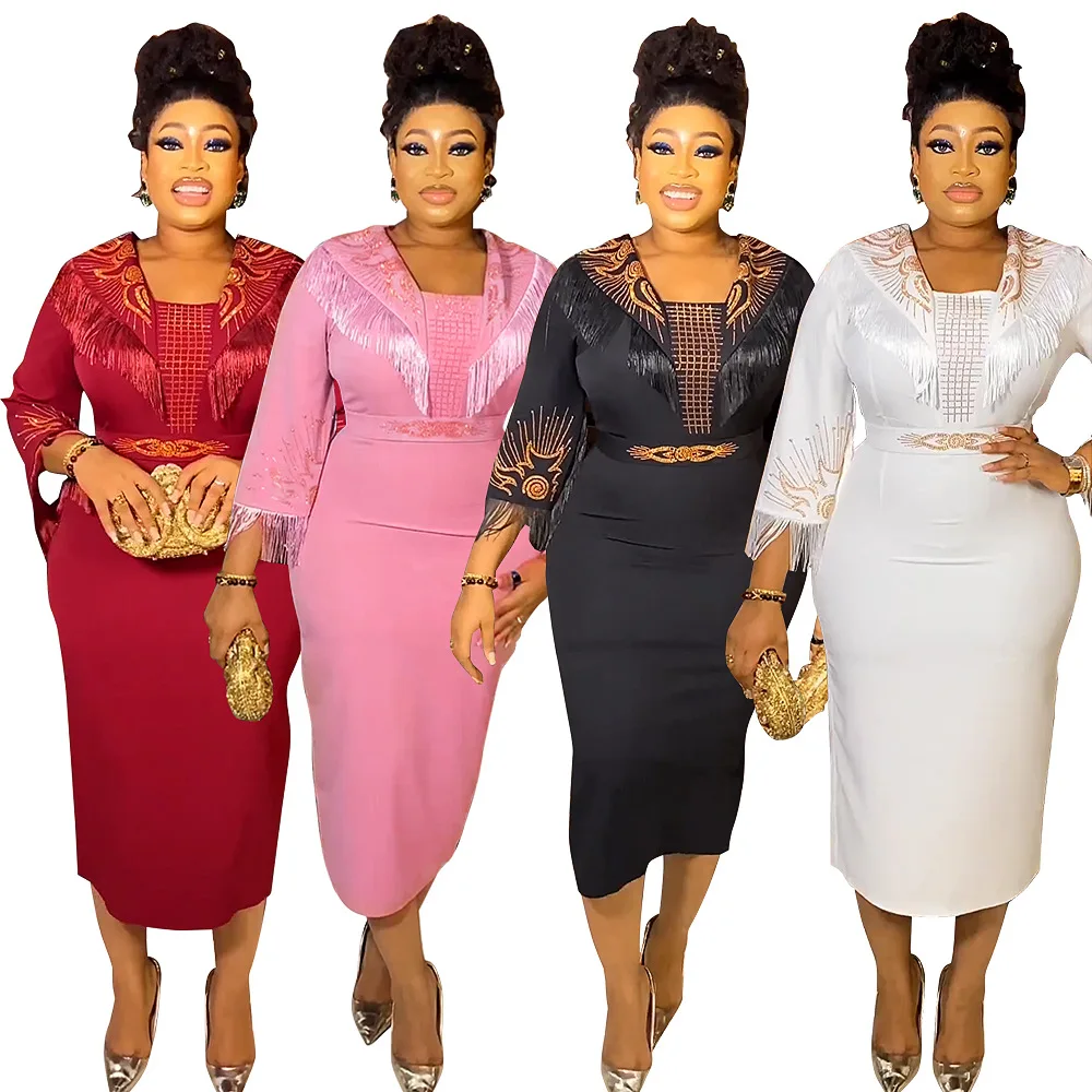 

Women White Pink Red Tassel Dress Sexy Bodycon Slim Party Long Dress Elegant Turkey African Fashion Prom Gowns