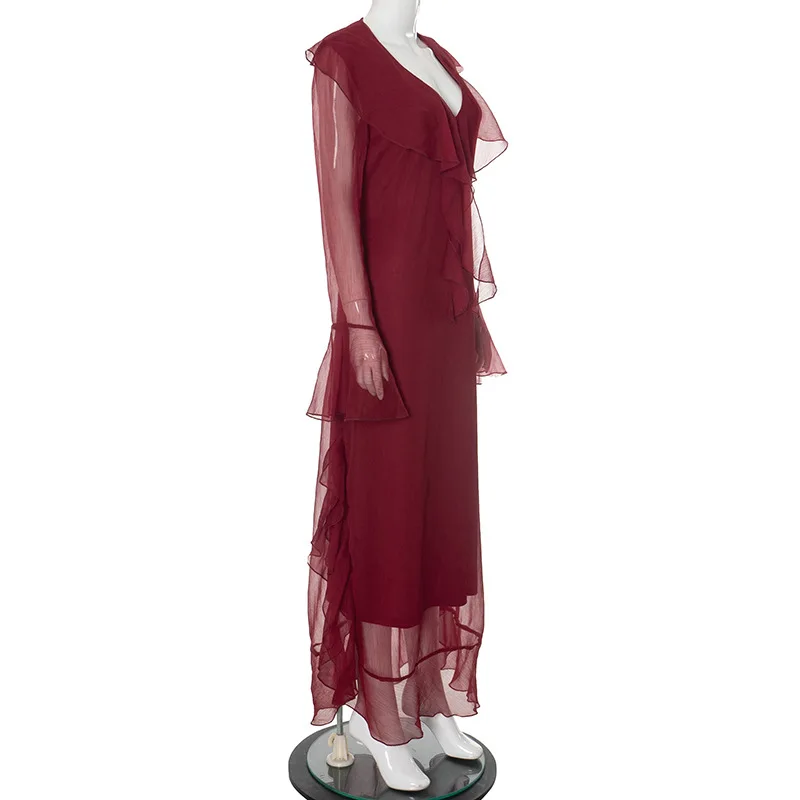 Fashion Mesh Ruffled Long Dress Women's V-Neck Loose High Waist Patchwork Elegant Party Dress Female Autumn Maxi Dress New