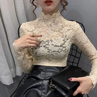 Chemise à manches pétales en dentelle florale extensible pour femmes, t-shirt à manches longues S-3XL pour dames, chemisier en Perspective, hauts Sexy en dentelle, vêtements 1