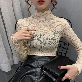 Stretch Floral Lace Petal Sleeve Shirt Women's Long Sleeved S-3XL T Shirt Ladies Perspective Blouse Tops Sexy Lace Tees Clothing 1