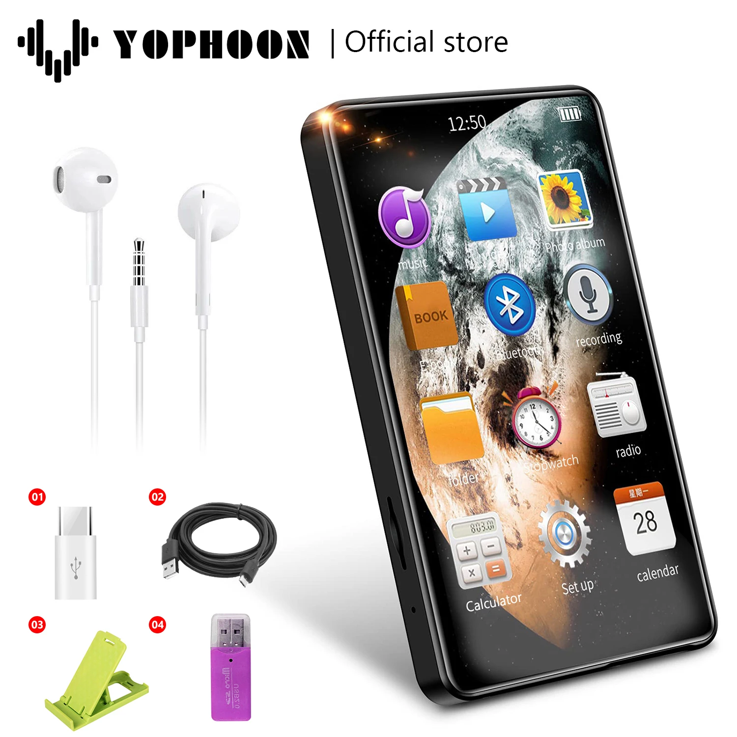 Yfoon 4 Pollici Hd Mp3 Mp4 Player Full Touchscreen Bluetooth 5.0 Walkman 16Gb Altoparlante Incorporato Lettore Musicale Radio Fm Record Ebook