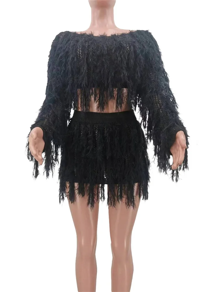 Wmstar Women Two Piece Dress Sets Long Sleeve Top and Tassel Skirts Elegant New Style Matching Outfits Wholesale Dropshipping