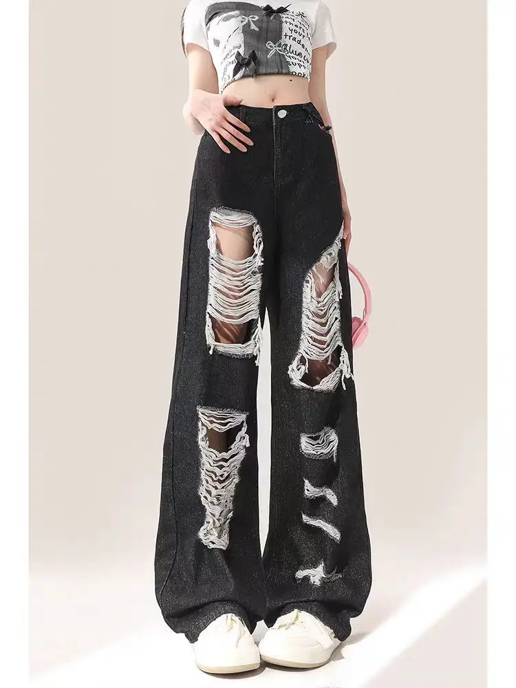 

Niche broken hole straight jeans female summer retro high waist loose thin wide leg trousers American high street design sense