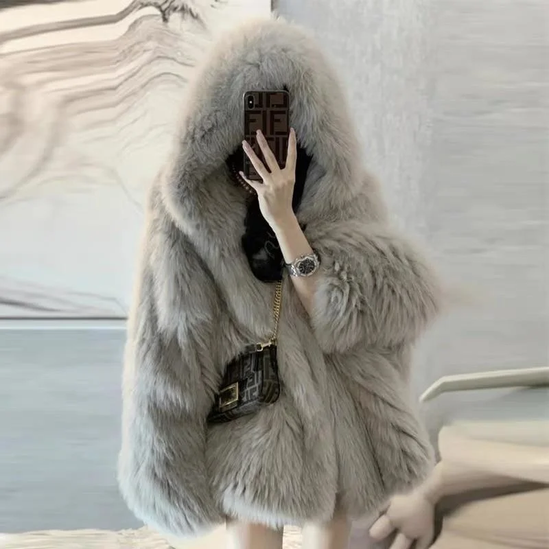 

Korean Winter Thicken Warm Loose New Cotton Imitation Fur Fried Street Hooded Fox Hair Mid Length Jacket Coat