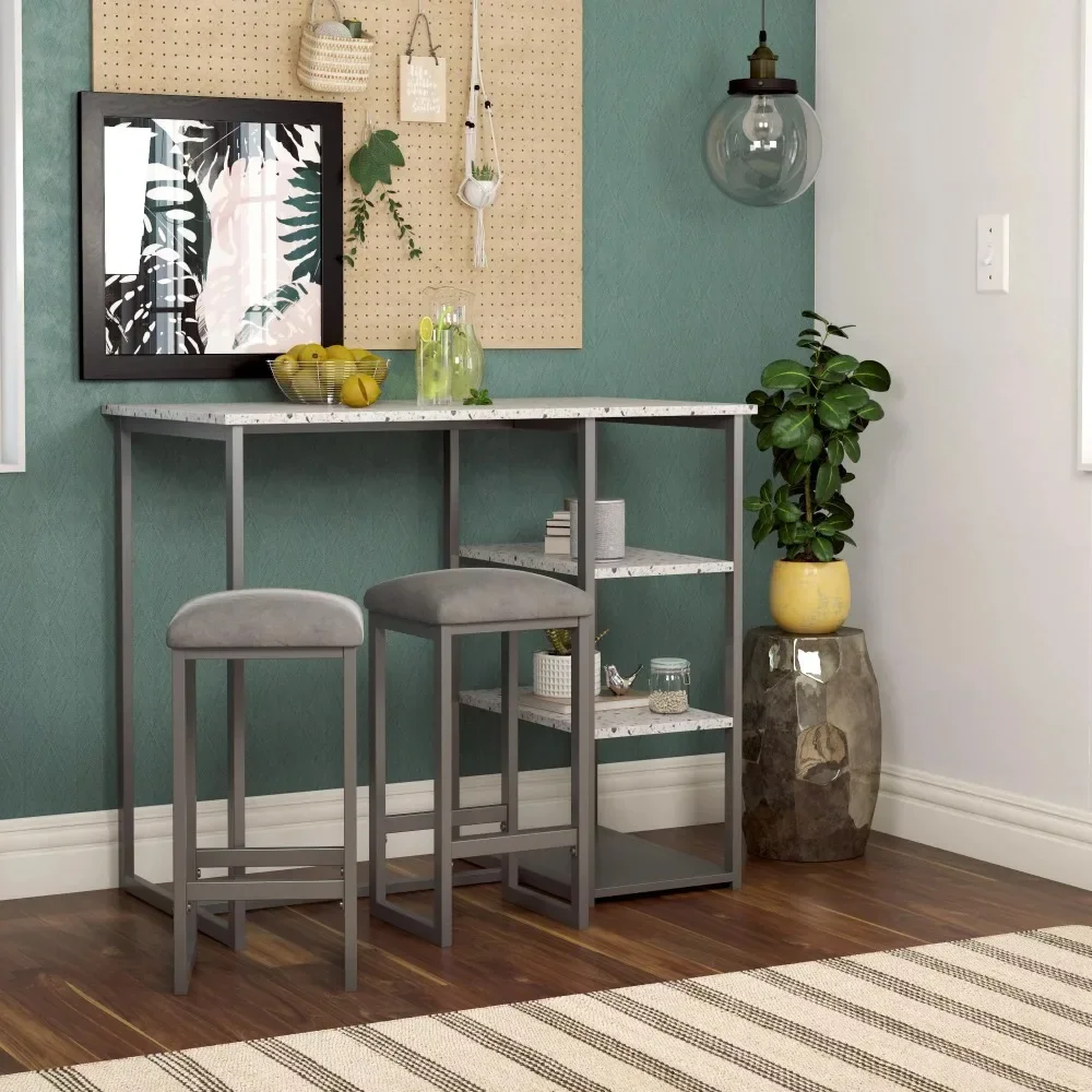 

3-Piece Pub Set with Faux Terrazzo Top, Gray Metal/Gray Seat