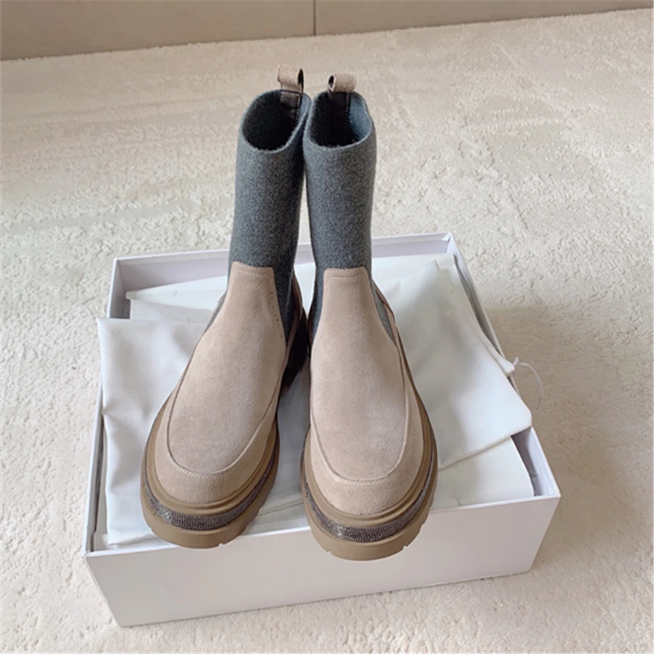 

Suede Platform Boots With Monili Cashmere Knit And Leather Shoes Luxury Design Ankle Boots For Women