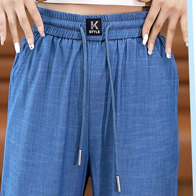 2023 New Women Trousers High Waist Ice Silk Wide-Leg Pants Thin Loose-Fitting Mopping Pants Slimming Large Size Casual Pants