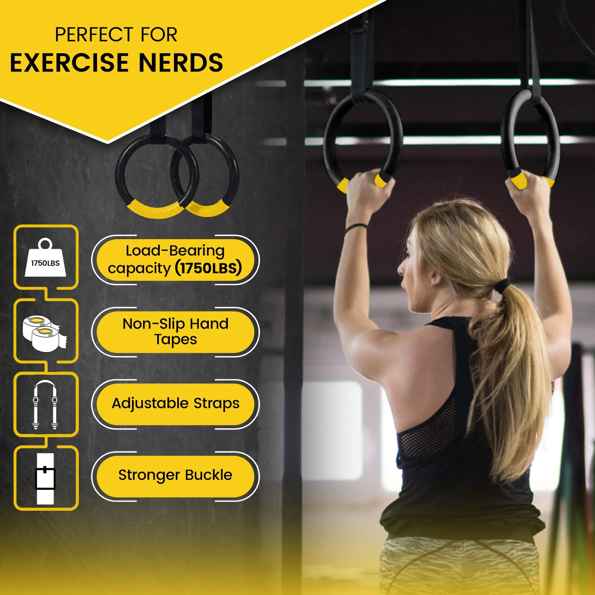 Gymnastic Rings 1000lbs Capacity 1/2M Adjustable Buckle Straps Pull Up Exercise Rings Non-Slip for Home Fitness