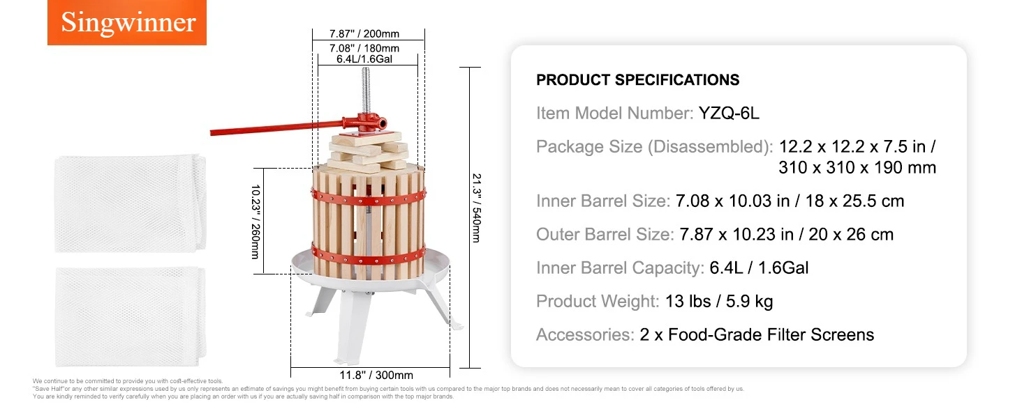 Description Picture 6 of itemFruit Wine Press 6L/18L/12L Solid Wood Basket 6 or 8 Blocks Manual Juice Maker with Pole Handle Bar for Kitchen and Home