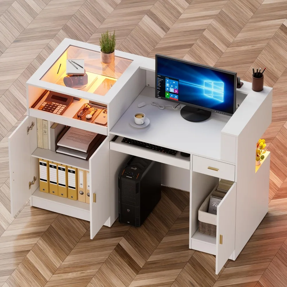 59" Modern Reception Desk with LED Light & Glass Display, Retail Counter for Lobby Salon Office