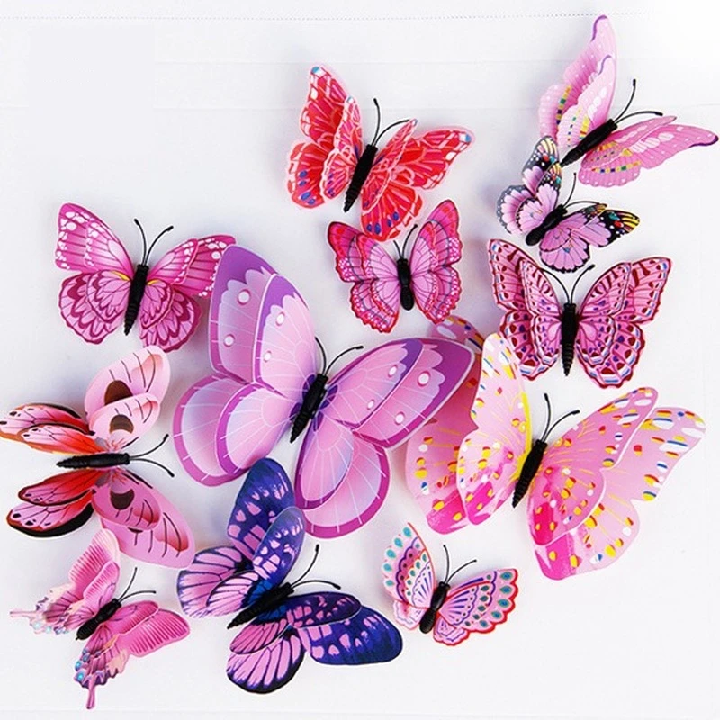 12pcs Colorful Double Layer Butterfly Wall Stickers Living Room Wedding Party Decor DIY 3D Art Magnet Wall Sticker Fridge Decals