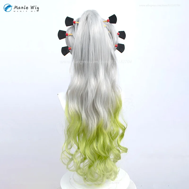 Anime Daki Cosplay Perücke 100cm Grau-Grün Ombre Zopf Hitzebeständig + Gratis Wig Cap 7