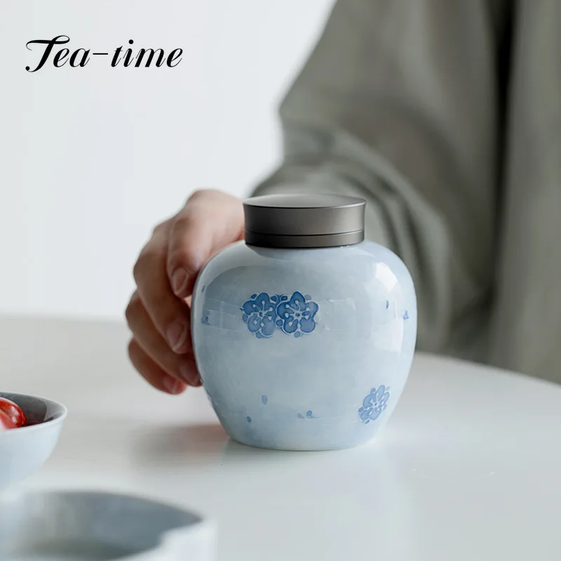 

Pure Hand-painted Cherry Blossom Tea Caddy Ceramic Airtight Jar Blue Mist Tea Cans Tea Box Storage Tank Tea Container Decorative