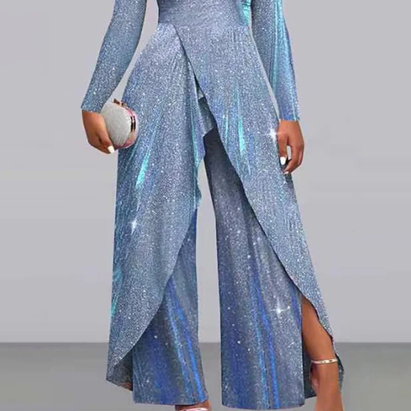 2023 New Fashion Sexy Sequin Long Dress with Diagonal Flap Mid Waist Temperament Commuter Jumpsuit