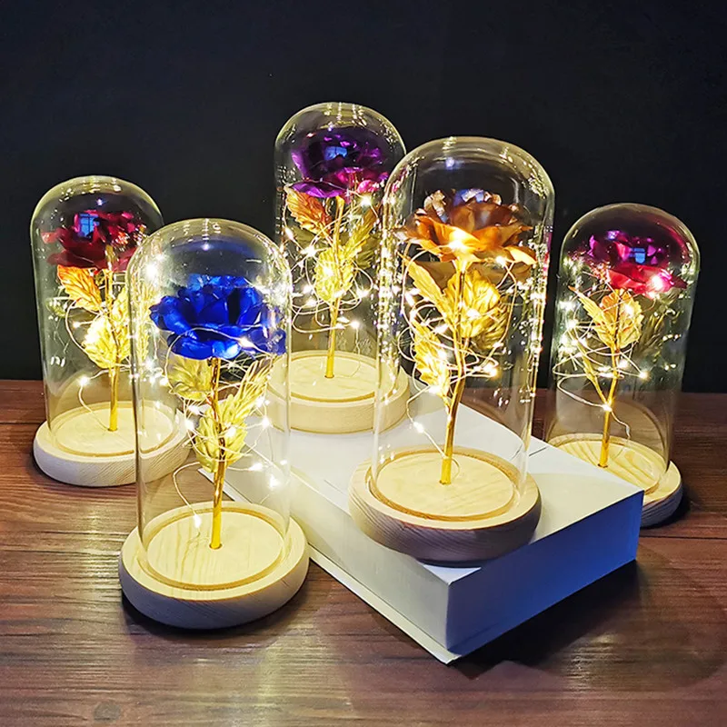 Eternal Rose LED Light Foil Flower In Glass Cover Night Lights Valentines Day Gifts Lamp Decor for For Home Bedroom Wedding Gift