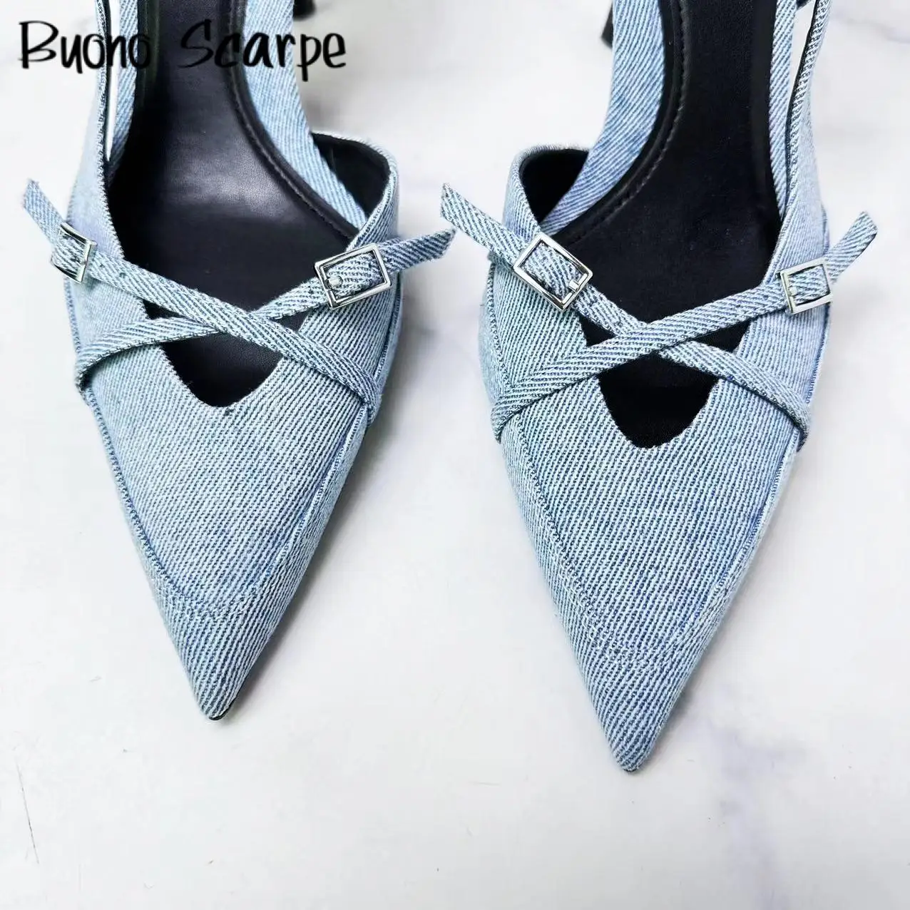 Luxury Brand Designer Women Sandals Pointed Toe Thin High Heel Buckle Strap Denim Mules Sexy Party Single Shoes Female All Match