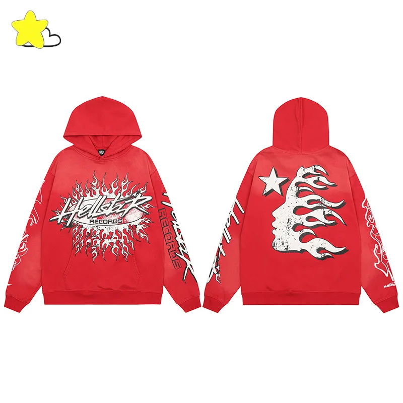 

23FW High Quality Cotton Vintage Pullover Hooded Classic Flame Logo Print Washed Red Hellstar Hoodie For Men Women With Tag