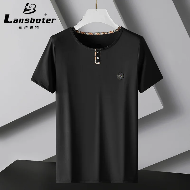 

Summer Black Men's Nylon High Elastic Mercerized Short Sleeve Suitable For Business Casual T-shirt Youth Trend Round Neck