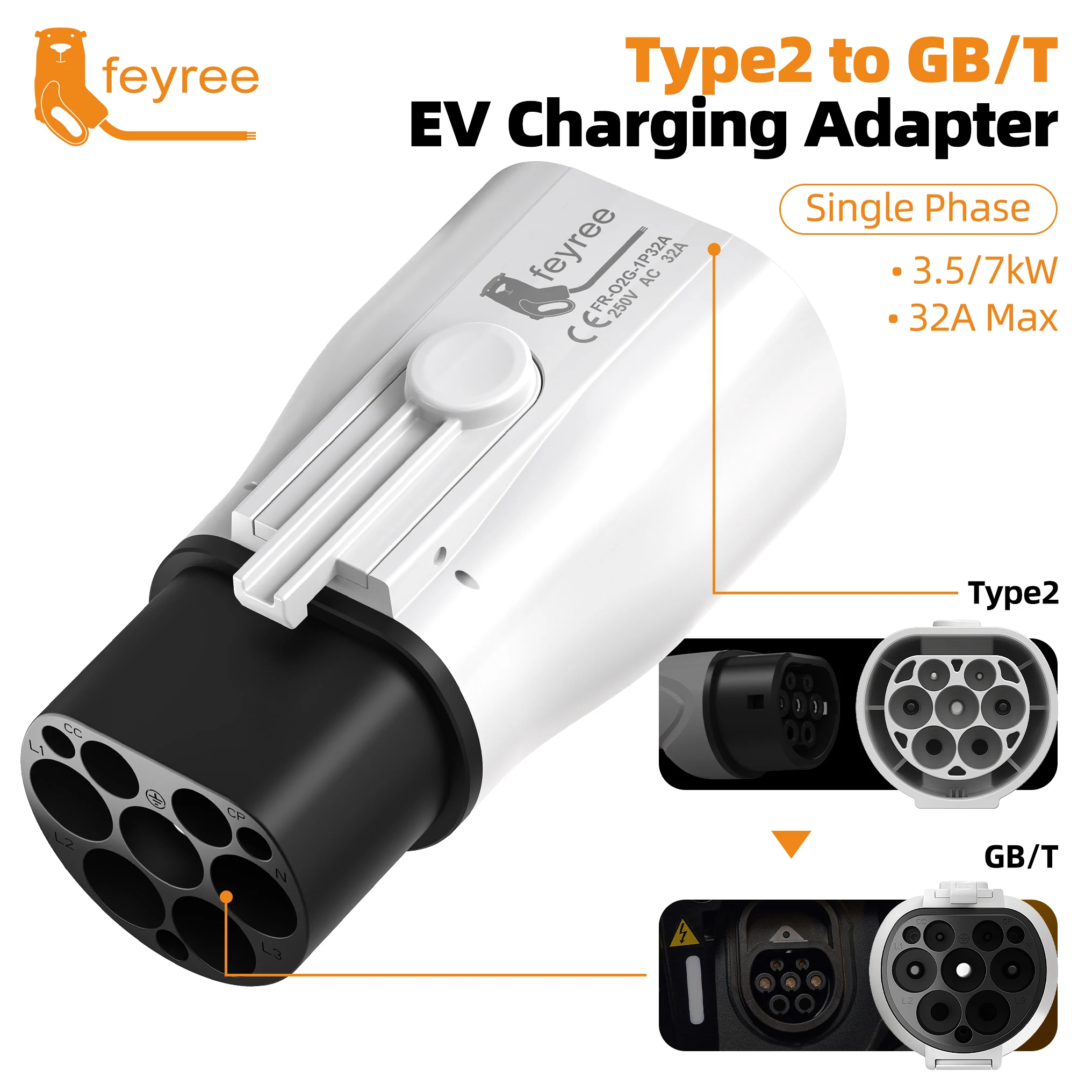 Feyree EV Charger Adapter Type2 to GB/T Converter 32A 22KW 3P for China Standard