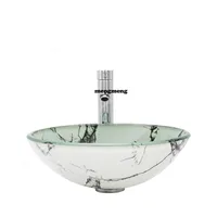 อ่างล้างหน้าแบบกระจกลายหินอ่อนสีขาว อ่างล้างหน้าในห้องน้ำโรงแรม อ่างล้างหน้าในห้องน้ำพร้อมเฟอร์นิเจอร์ อ่างล้างหน้าทรงกลมแบบวางบนเคาน์เตอร์ 2