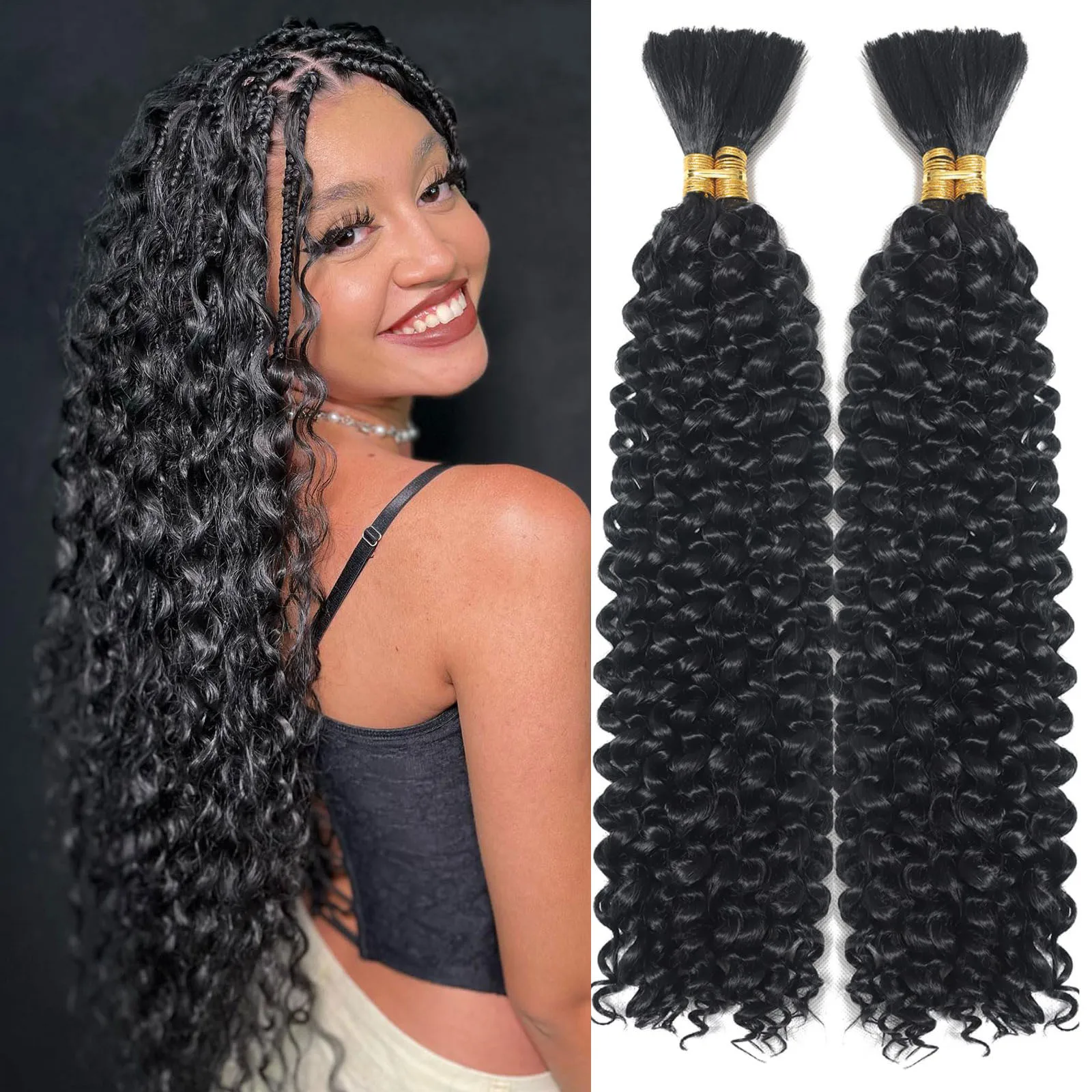 Color: Natural Color, Material Grade: virgin hair, Stretched Length: 24inches, Bulk Buy: 5pcs/lot - Bulk hair braiding Water Wave Bulk 18 inch human hair Boho braids with for knotless box or curly loose wave