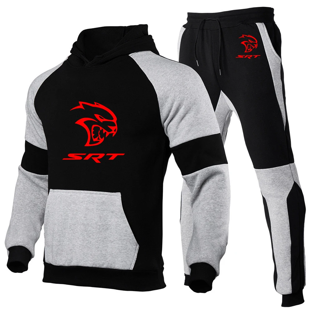 SRT Hellcat 2023 men's new long-sleeved cotton splicing hooded sweater printed warm pullover jacket+pants casual sportswear suit