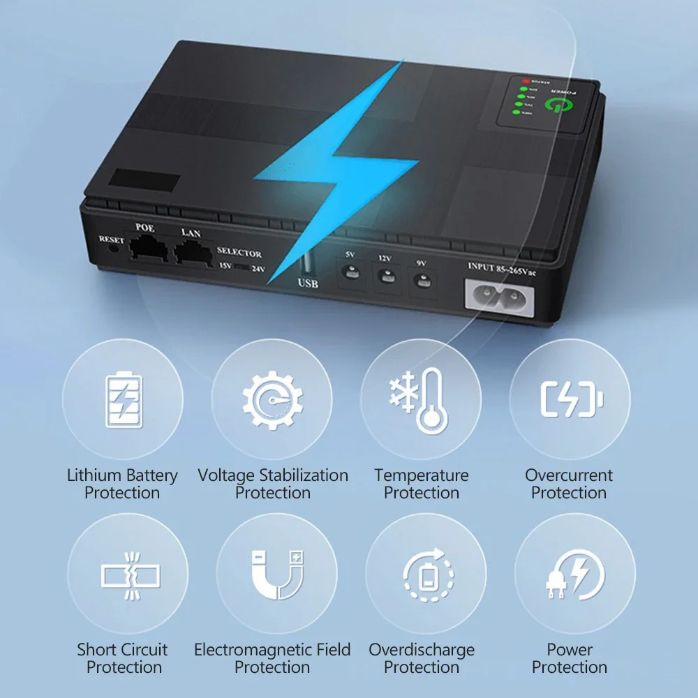 1018P DC UPS Battery Backup 5V 9V 12V 2A 15V 24V Output 10400mAh Uninterruptible Power Supply 85‑265V UPS Battery Backup EU Plug
