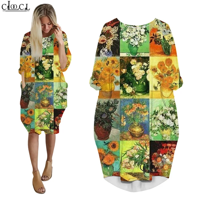 Cloocl dresses van gogh apricot blossom print long sleeves pocket dresses art aesthetics clothing loose fit