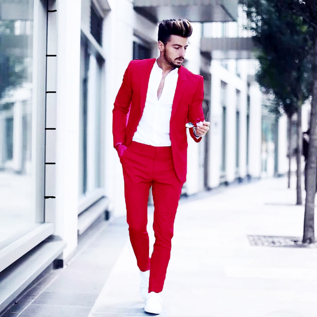 Casual Business Men Suits for Wedding 2 Pieces Suits Man Groom Tuxedos Slim Fit Peak Lapel Terno Masculino Costume Homme - red, XXXL