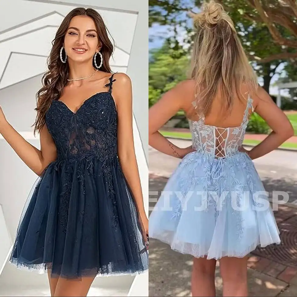 Short Homecoming Dresses for Teens Lace Applique Tulle Spaghetti Straps Prom Dress Mini Cocktail Party Dress Free customization