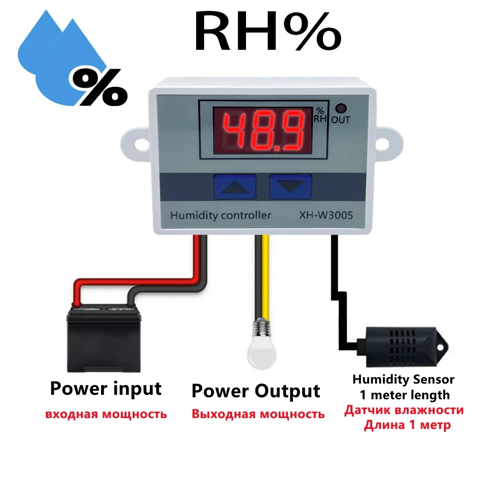 Digital Humidity Controller W3005 12V 24V 220V Humidistat Hygrometer Control Switch Regulator Sensor