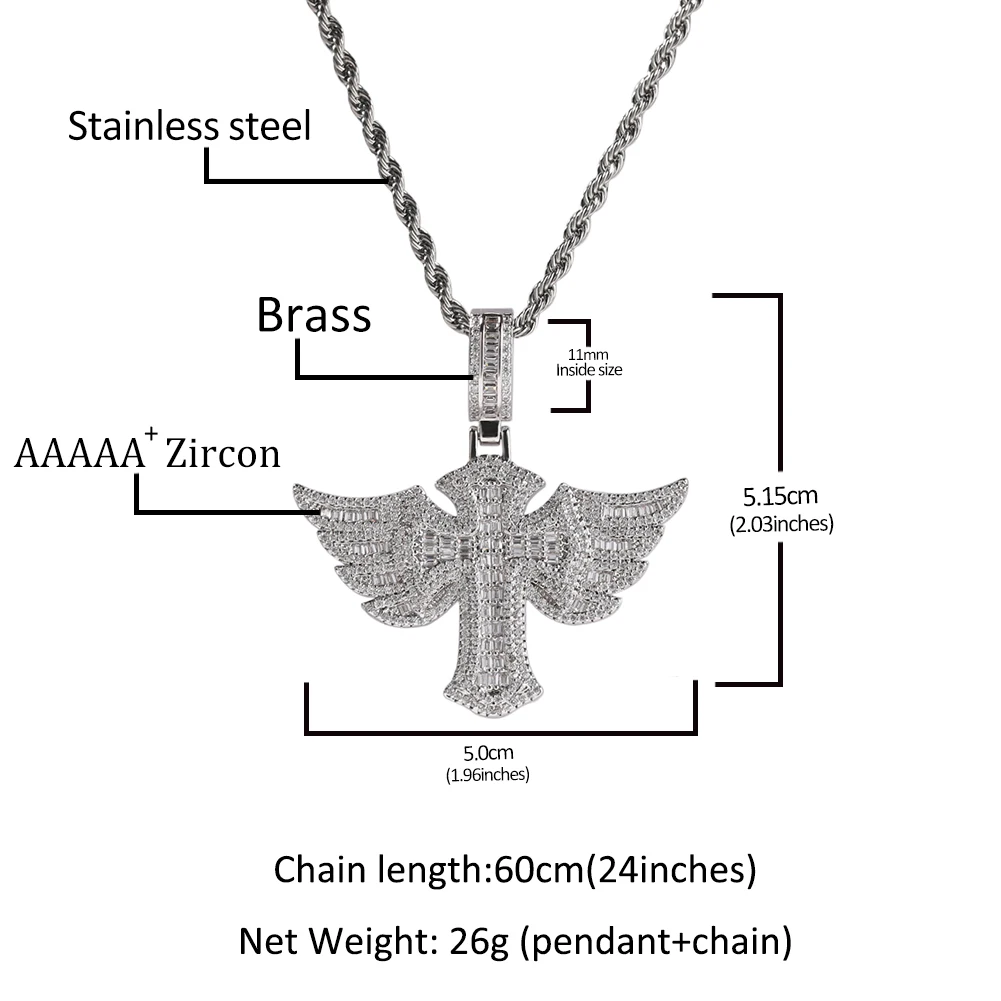 Uwin Cross Wing Pendant Necklace for Women Men Iced Out Cubic Zircon Personalized Fashion Hip Hop Jewelry Gifts