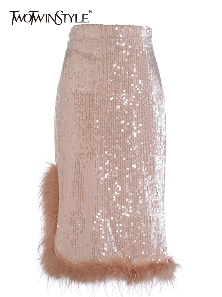 

TWOTWINSTYLE Spliced Sequins Split Bodycon Skirts For Women High Waist Slimming Patchwork Leather A Line Skirt Female Fashion