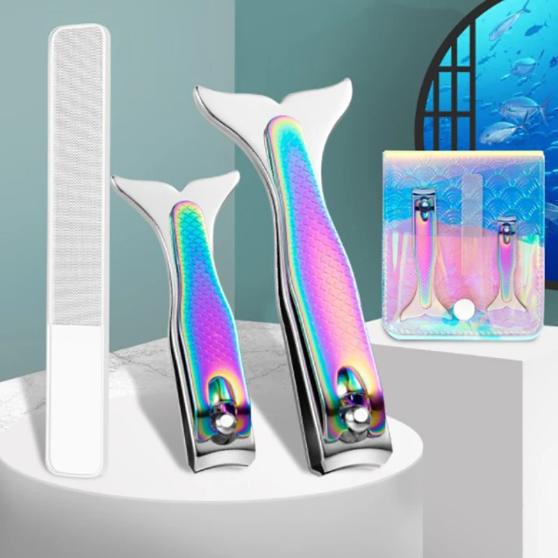 3Pcs/set New Gradient Mermaid Handle Nail Clippers Cuticle Remover Trimmer Scissornail Nail File  Stainless Steel Manicure Tool
