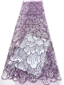 Wholesale Luxury African Lace Fabric Purple Beaded French New African Fabrics 2026 Sequins Tulle Lace Fabrics For Dresses Sewing 1
