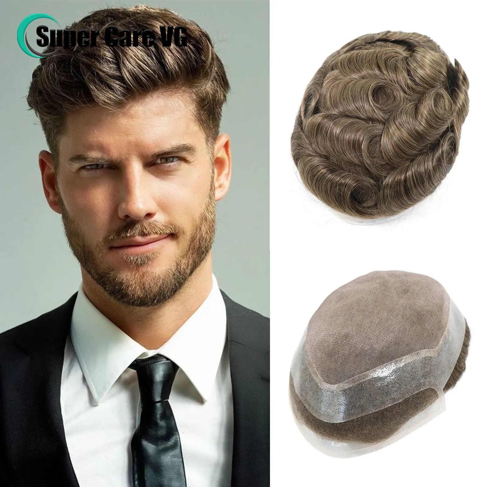 6x8/8x10 Natural Hairline Male Toupee Ash Brown Breathable Lace & Mono&PU Units Human Hair Wigs For Men Replacement Prosthesis