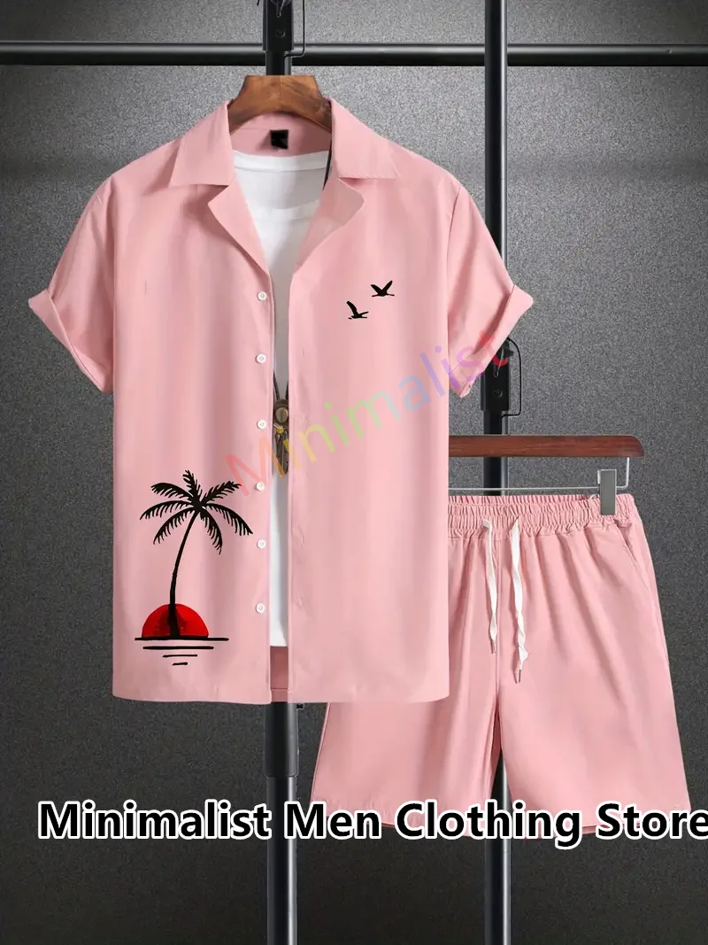 Summer Men's Hawaiian Suit Short Sleeve Coconut Tree Printed Button Up Shirt Beach Shorts Street Casual Men's Suit 2 Pieces