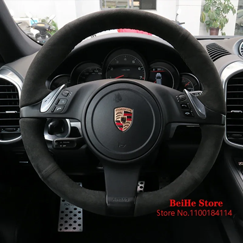 

Hand-Stitched Black Suede Car Steering Wheel Cover for Porsche Cayenne Panamera 2010 2011 2012 Accessories Interior