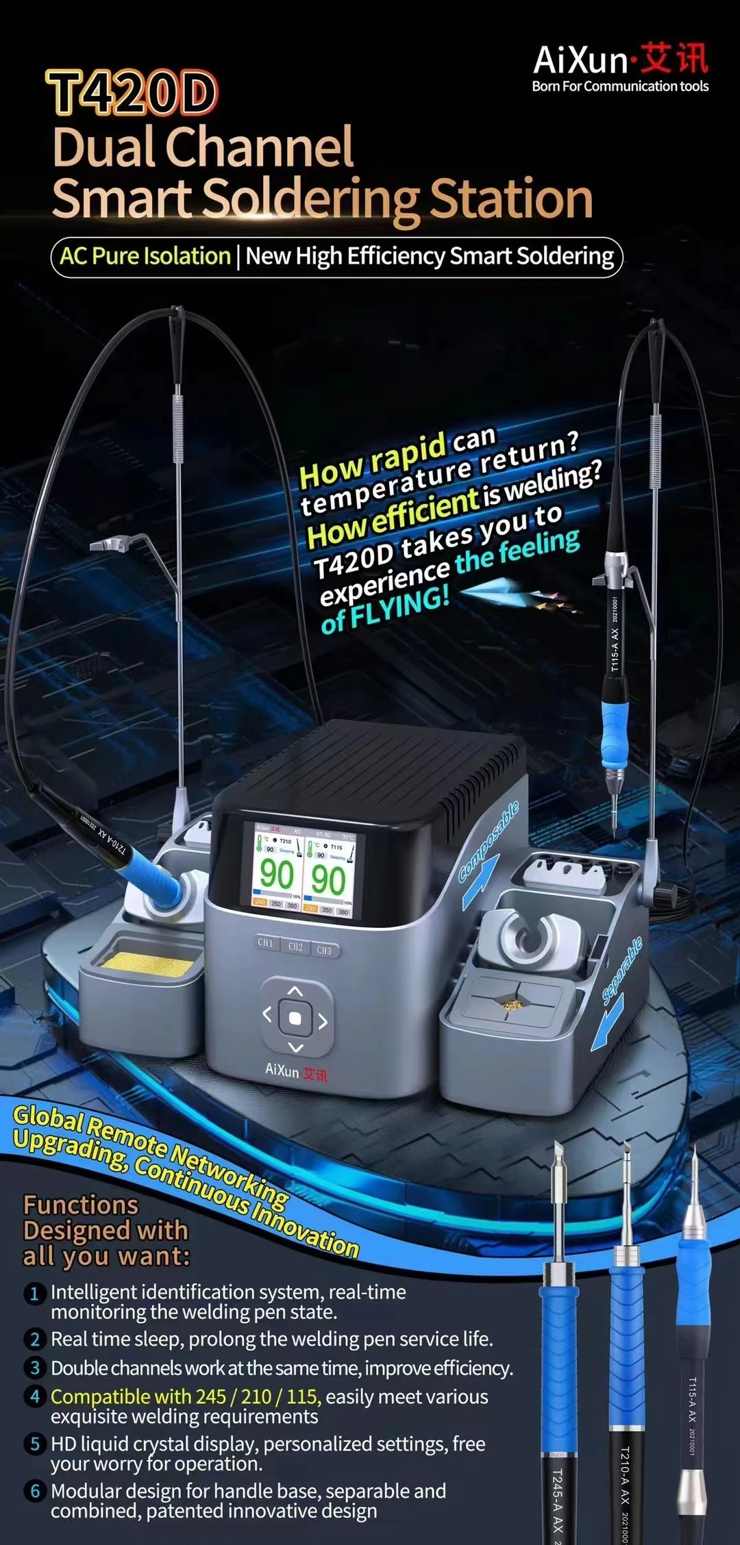 

AIXUN T420D Intelligent Double Soldering Station With Electric Iron T245/T210/T115 Daul Handle Welding Tips for SMD BGA Repair