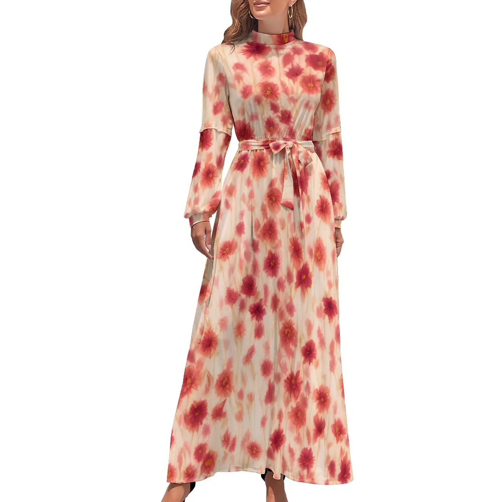 

Red Floral Print Dress High Neck Abstract Flowers Custom Boho Beach Dresses Long Sleeve Streetwear Long Maxi Dress Retro Clothes
