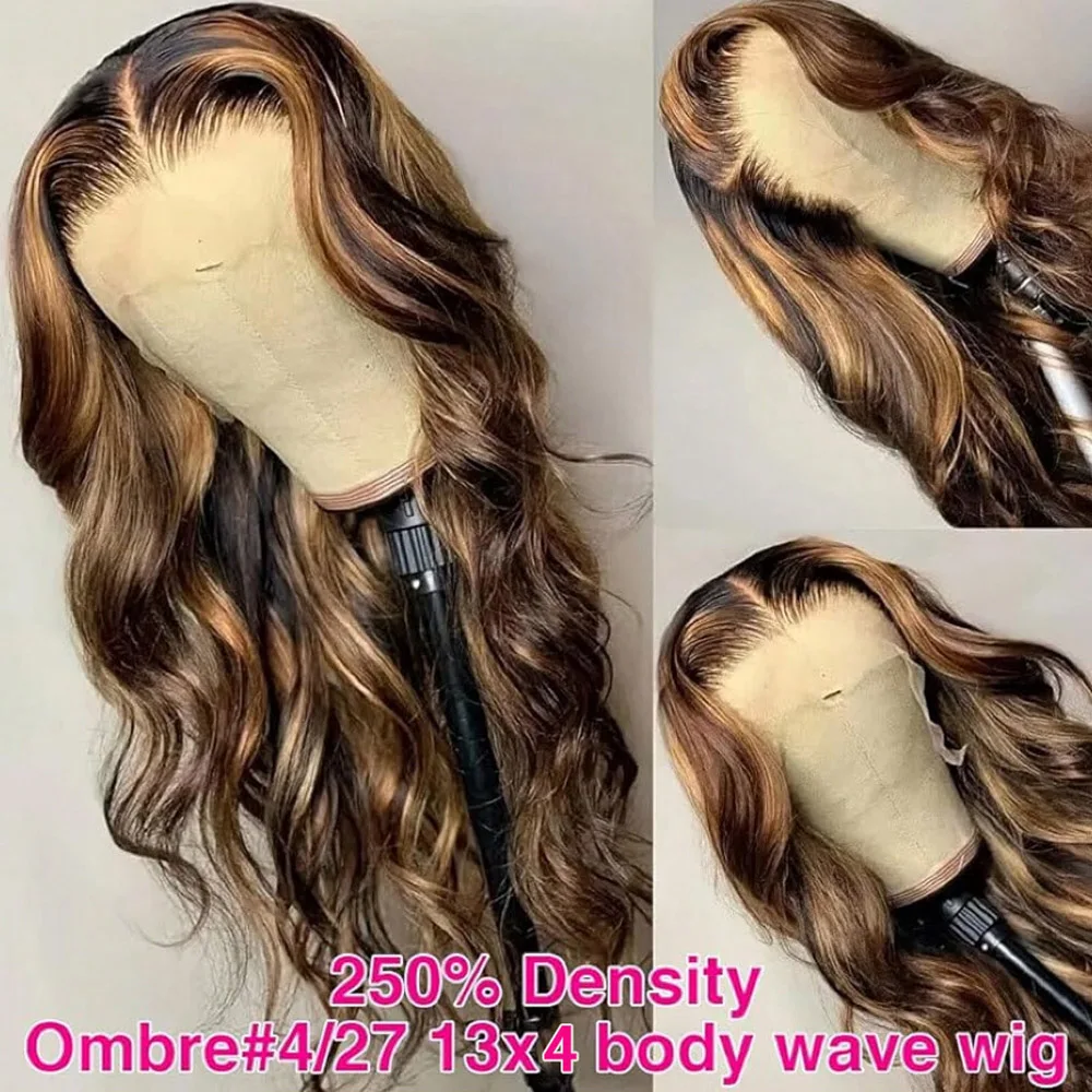 13x4 Highlight Ombre Lace Front Wig Human Hair Pre Plucked Body Wave Frontal Wigs 250% Density 4/27 Honey Blonde Lace Front Wig
