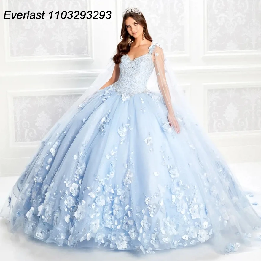 

EVLAST 2024 Blue Quinceanera Dress Ball Gown 3D Flower Lace Applique Beading With Cape Mexico Sweet 16 Vestido 15 De Años TQD194