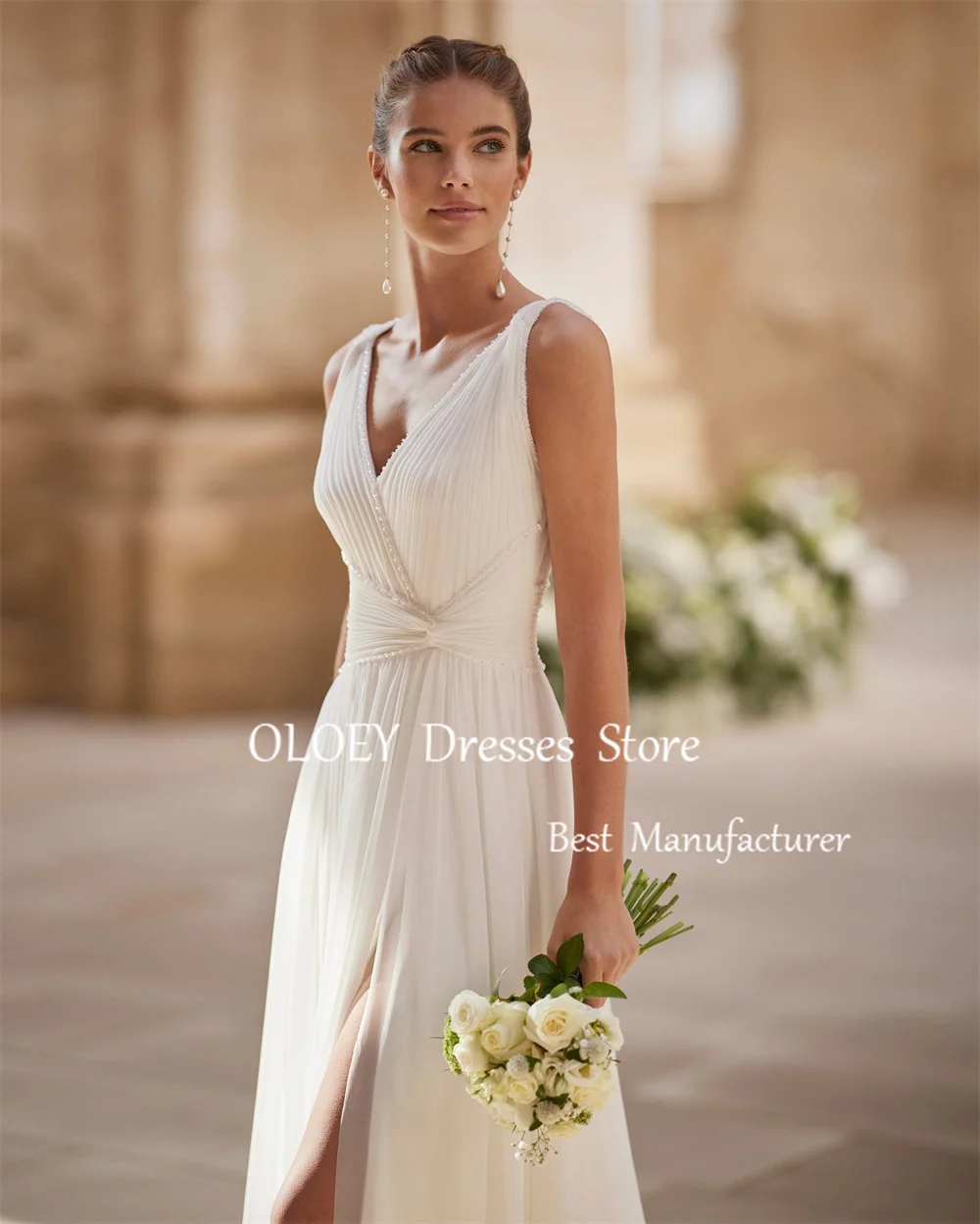OLOEY Elegant Ivory A Line Wedding Dress V Neck Sleeveless Bridal Gown Beads Pearls Chiffon Zipper Back Custom Made