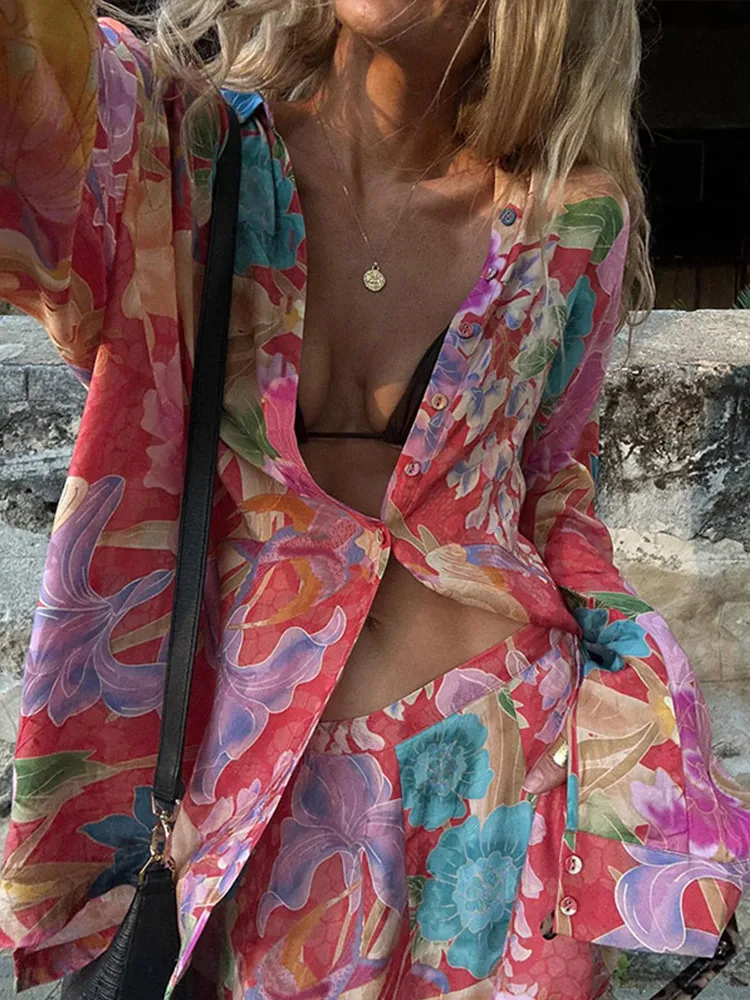 Floral Print Chiffon Women's Two Pieces Set Loose Single Breasted Long Sleeve Shirts Wide Leg Pants 2025 Vacation Lady Outfits 2