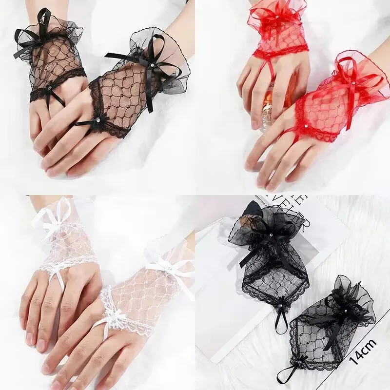 Lace Wedding Dress Gloves Short Bridal Fingerless Inlaid Rhinestone Bowknot