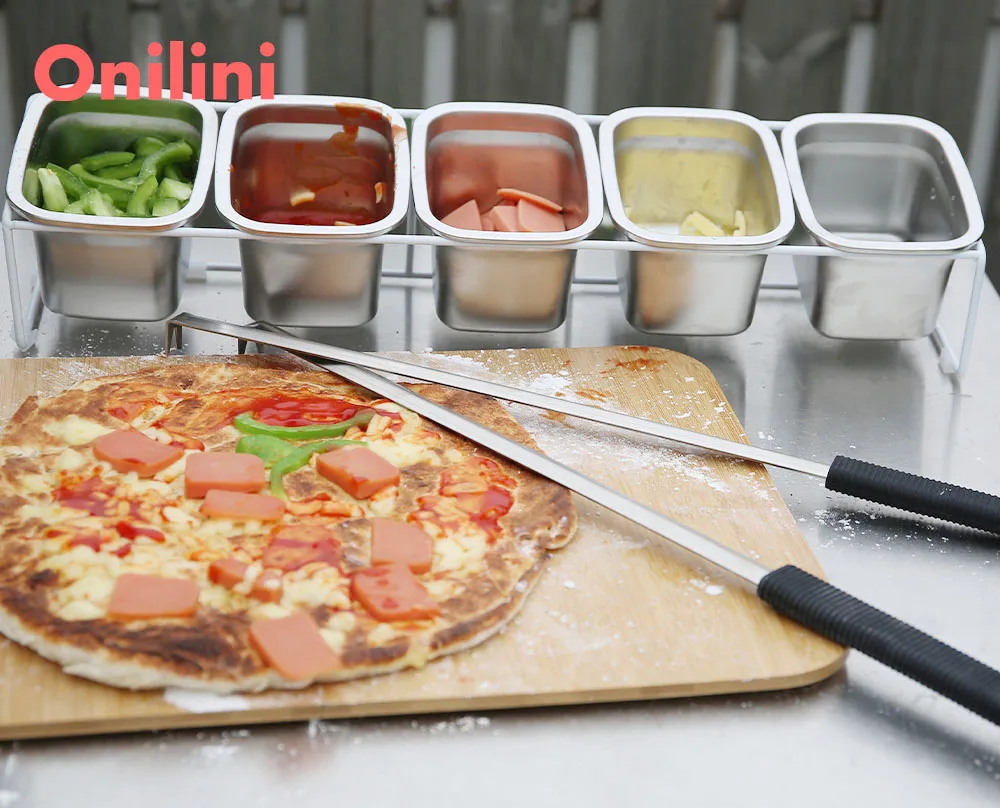 Onilini Pizza Condiment Container Pizza Ingredients Containers Fruits Cheese Sauce Spice Stainless Steel Topping Station