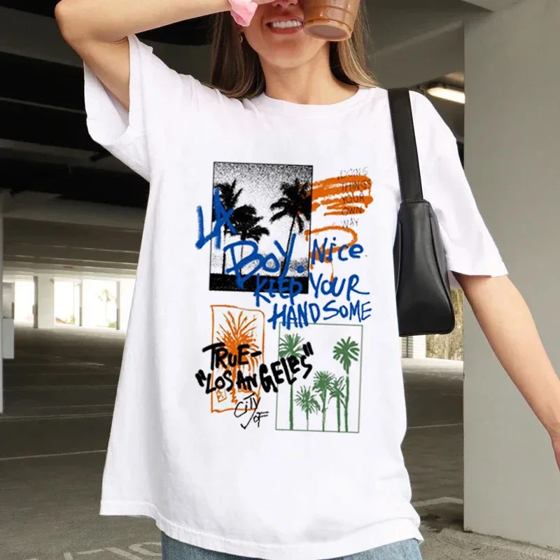 

Fashion Graffiti Text Print and Palm Tree Summer Beach Print Short Sleeved Casual T-Shirt with Summer Clothing Print Pattern T-S