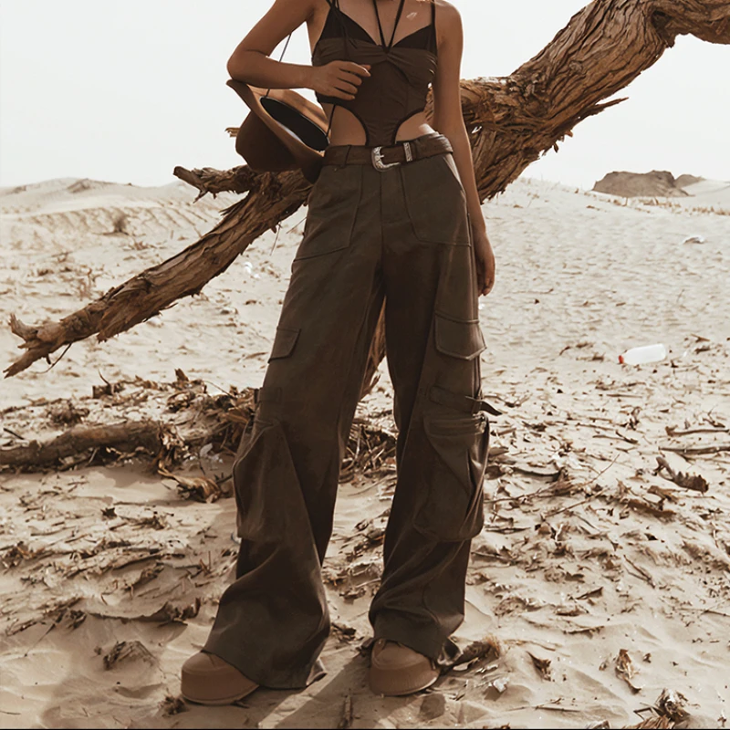 Designer Retro American Hot Girl Style Suede Overalls Straight-Leg Pants Trendy High Street Waste Style Women's Trousers Pants